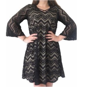 💋AKA Posh Black Lace Overlay Layered Long Bell Sleeve Strappy Dress